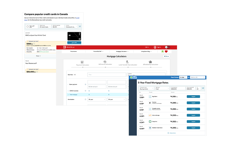 affiliate landing page - screenshot of calculators and partners